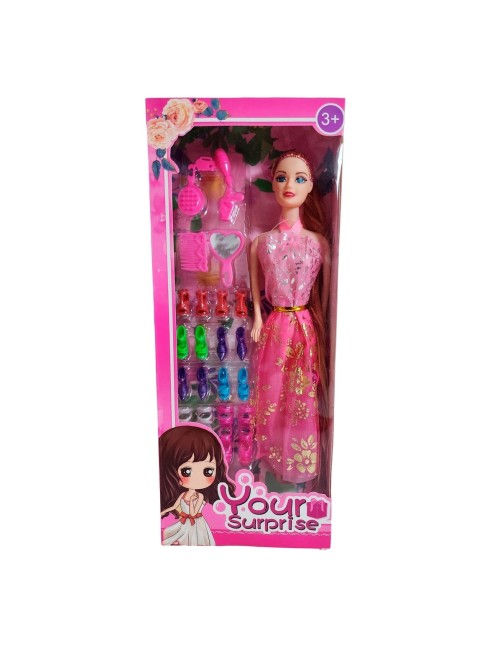 Muñeca Con Vestido Fashion + Accesorios Y Set De Zapatos