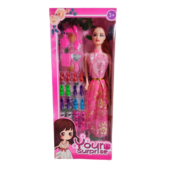 Muñeca Con Vestido Fashion + Accesorios Y Set De Zapatos