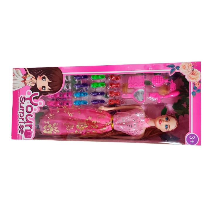 Muñeca Con Vestido Fashion + Accesorios Y Set De Zapatos