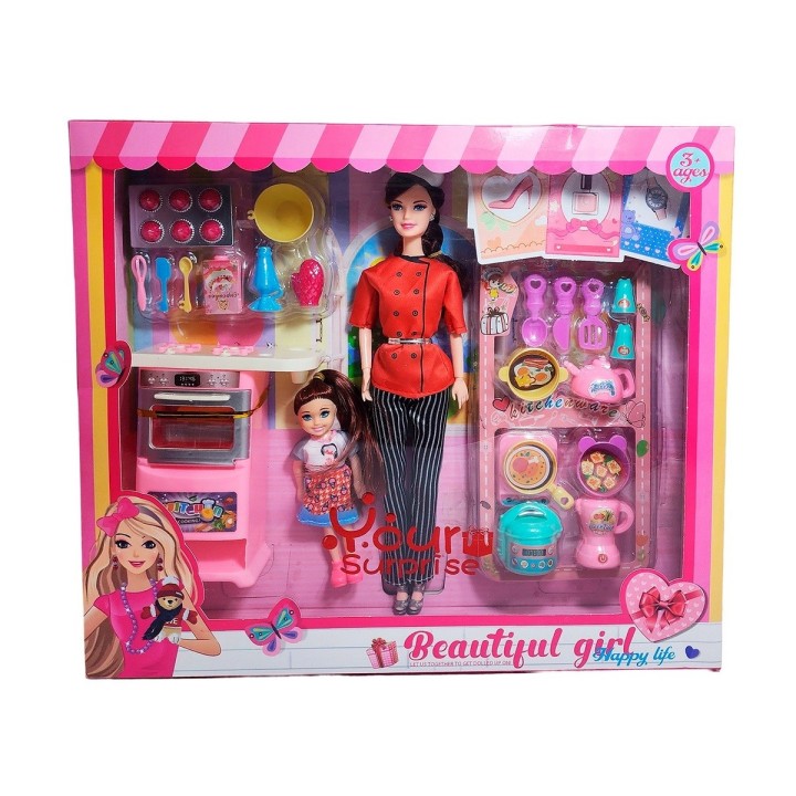 Muñeca Chef Con Muñeca Mini + Accesorios Cocina Juguete Niña