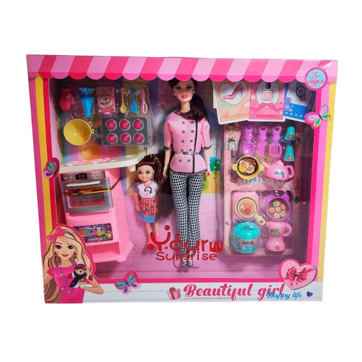 Muñeca Chef Con Muñeca Mini + Accesorios Cocina Juguete Niña