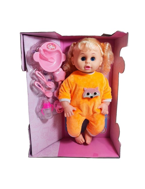 Muñeca Bebe Con Vestido Sonajero + Utencilios De Comida