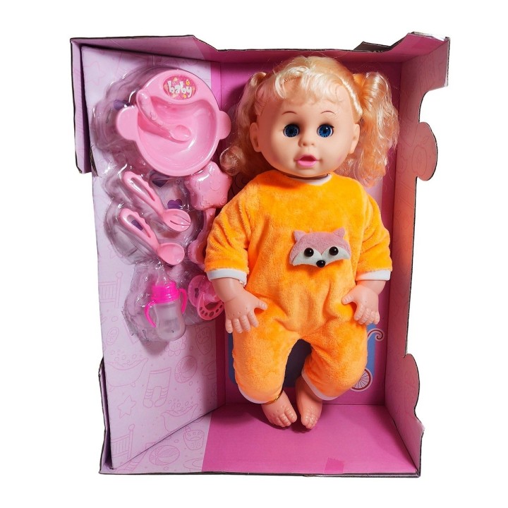 Muñeca Bebe Con Vestido Sonajero + Utencilios De Comida