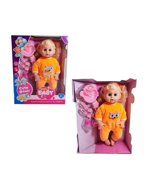 Muñeca Bebe Con Vestido Sonajero + Utencilios De Comida