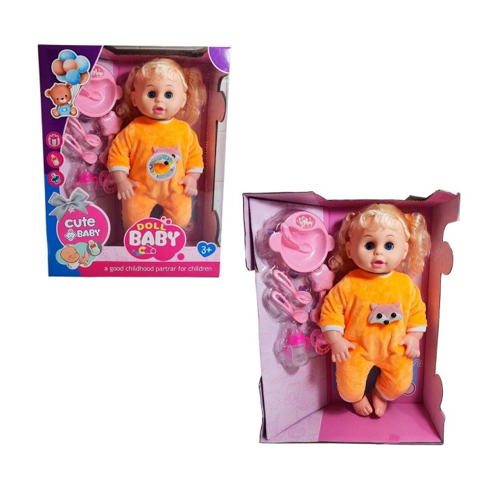 Muñeca Bebe Con Vestido Sonajero + Utencilios De Comida