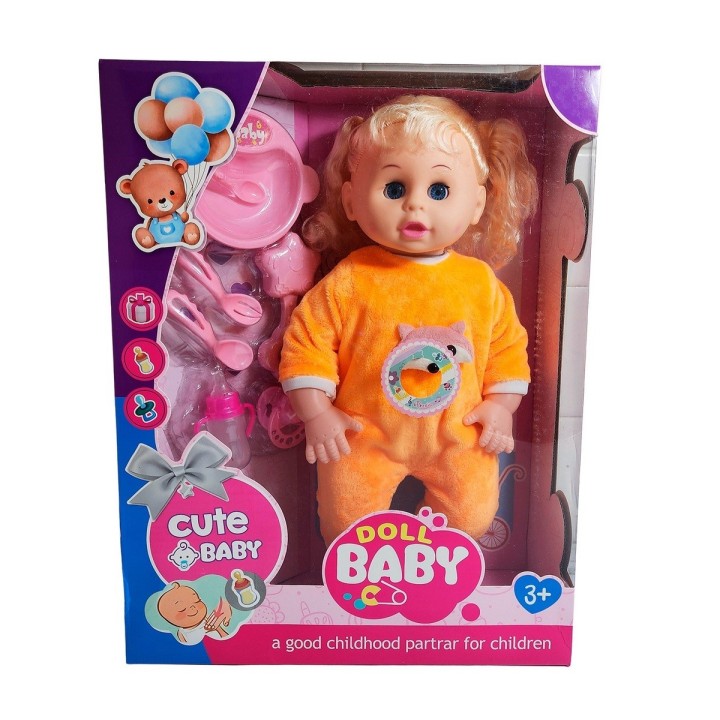 Muñeca Bebe Con Vestido Sonajero + Utencilios De Comida