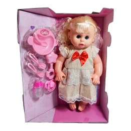 Muñeca Bebe Con Vestido Sonajero + Utencilios De Comida