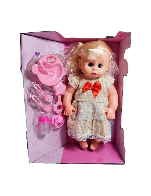 Muñeca Bebe Con Vestido Sonajero + Utencilios De Comida