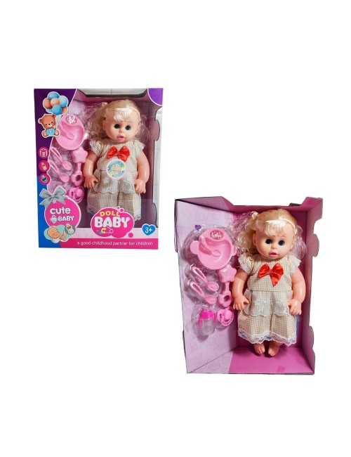 Muñeca Bebe Con Vestido Sonajero + Utencilios De Comida
