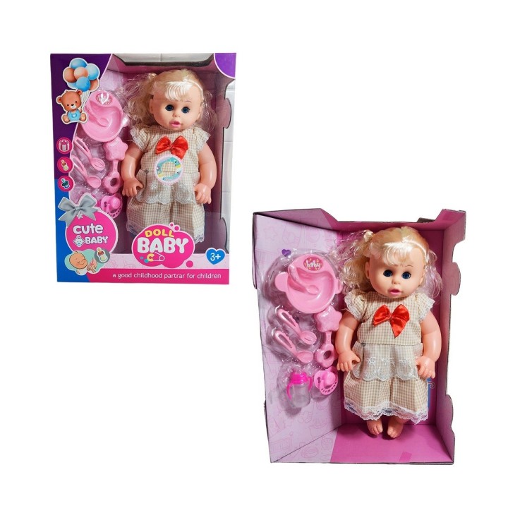 Muñeca Bebe Con Vestido Sonajero + Utencilios De Comida