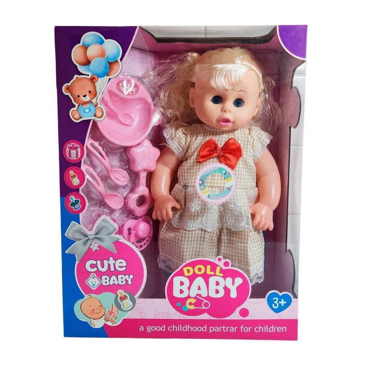Muñeca Bebe Con Vestido Sonajero + Utencilios De Comida