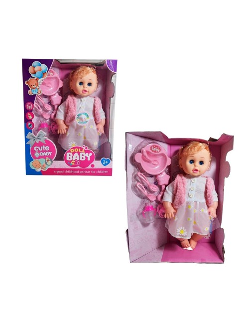 Muñeca Bebe Con Vestido Sonajero + Utencilios De Comida