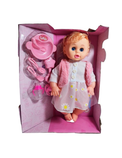 Muñeca Bebe Con Vestido Sonajero + Utencilios De Comida