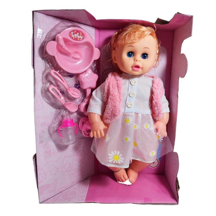 Muñeca Bebe Con Vestido Sonajero + Utencilios De Comida