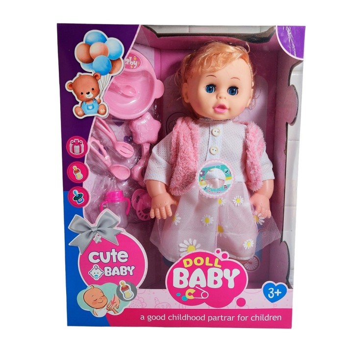 Muñeca Bebe Con Vestido Sonajero + Utencilios De Comida