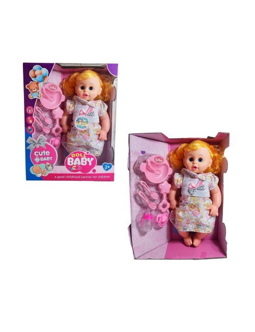 Muñeca Bebe Con Vestido Sonajero + Utencilios De Comida