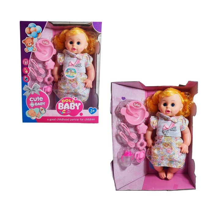 Muñeca Bebe Con Vestido Sonajero + Utencilios De Comida