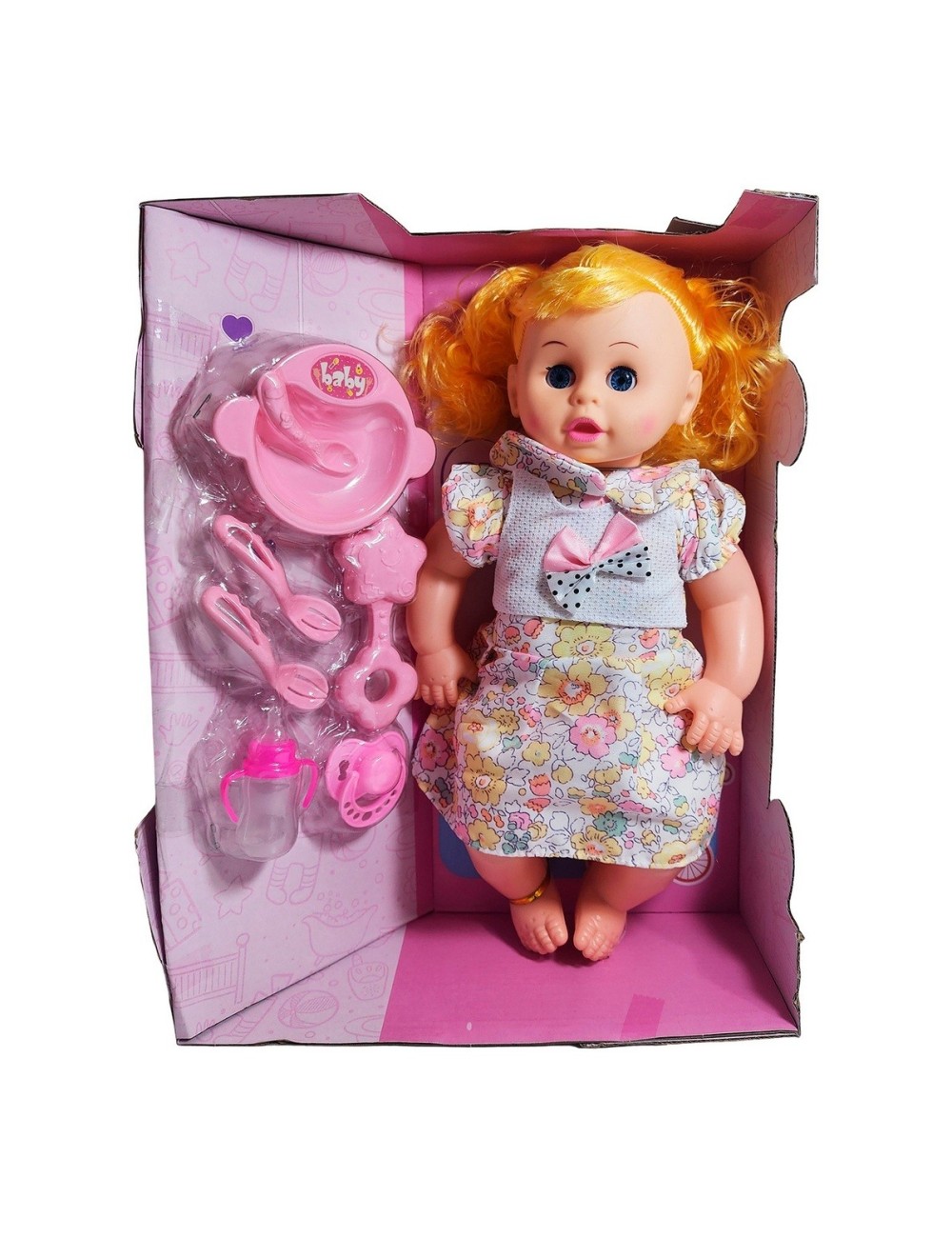 Muñeca Bebe Con Vestido Sonajero + Utencilios De Comida