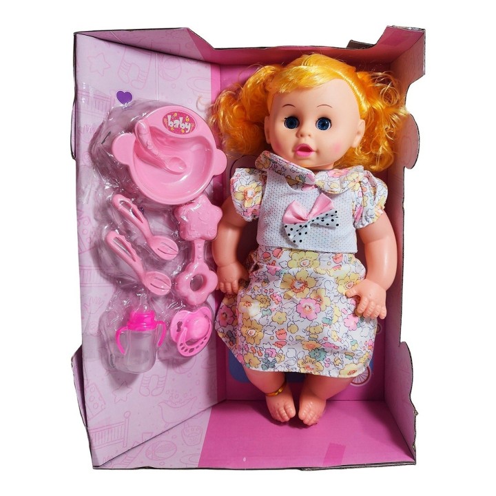Muñeca Bebe Con Vestido Sonajero + Utencilios De Comida