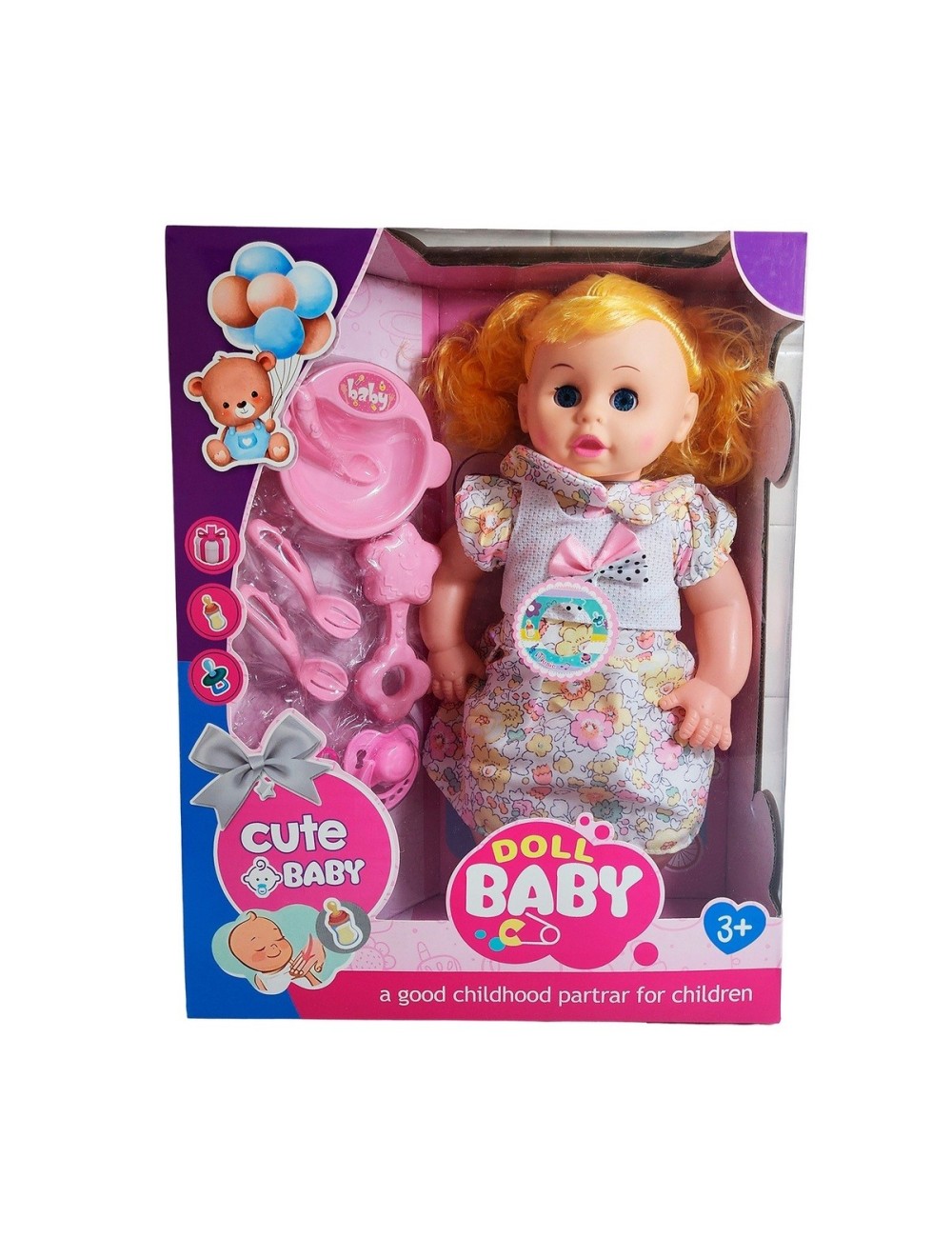 Muñeca Bebe Con Vestido Sonajero + Utencilios De Comida