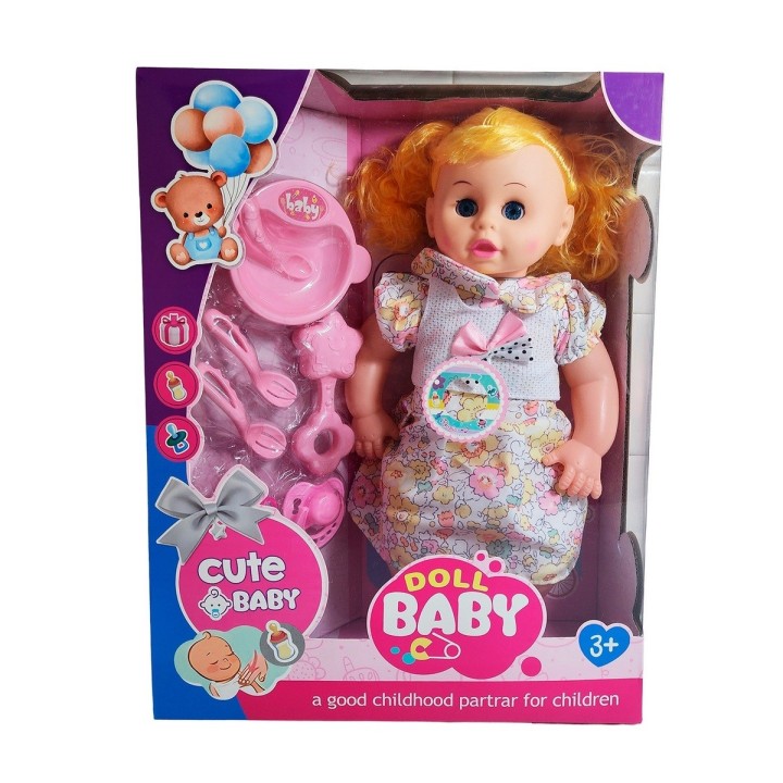 Muñeca Bebe Con Vestido Sonajero + Utencilios De Comida