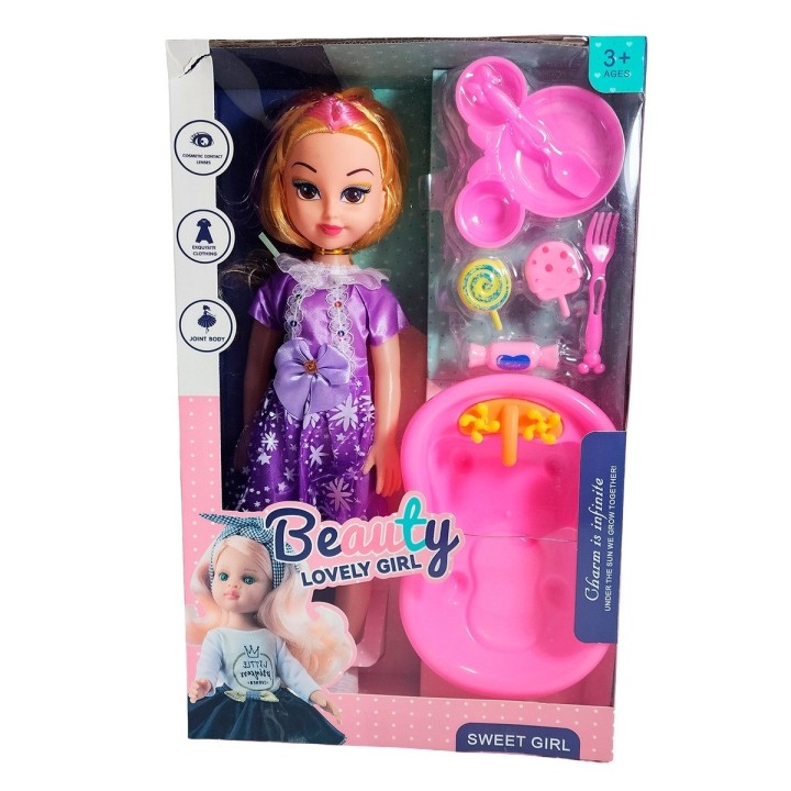 Muñeca Con Vestido Bañera + Accesorios Juguete Niñas