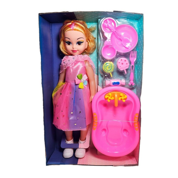 Muñeca Con Vestido Bañera + Accesorios Juguete Niñas