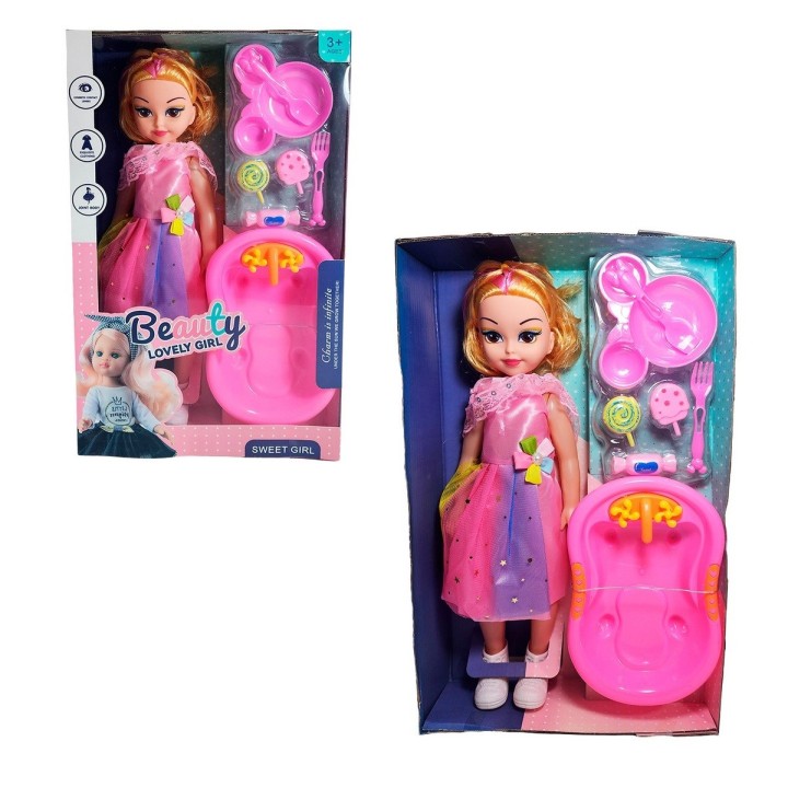 Muñeca Con Vestido Bañera + Accesorios Juguete Niñas