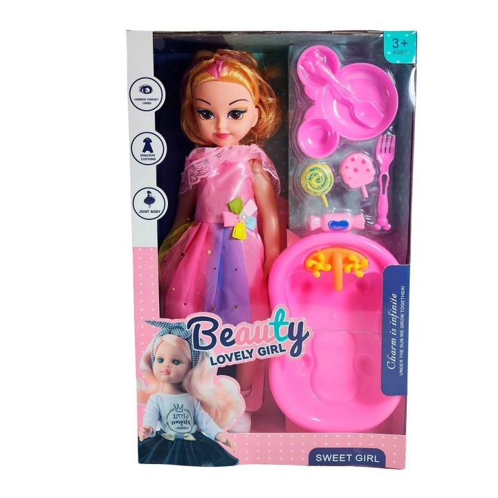 Muñeca Con Vestido Bañera + Accesorios Juguete Niñas