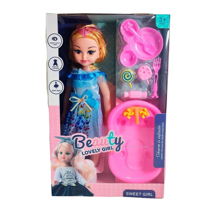 Muñeca Con Vestido Bañera + Accesorios Juguete Niñas