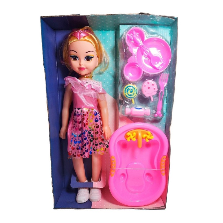 Muñeca Con Vestido Bañera + Accesorios Juguete Niñas