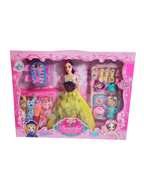 Muñeca Princesa Con Vestidos + Accesorios De Cocina Juguete
