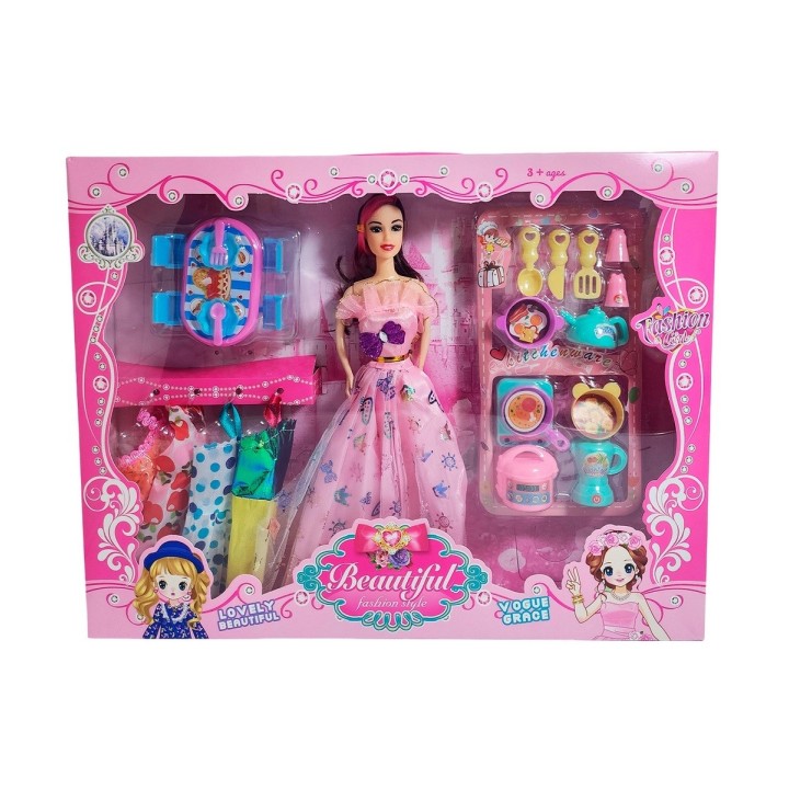 Muñeca Princesa Con Vestidos + Accesorios De Cocina Juguete