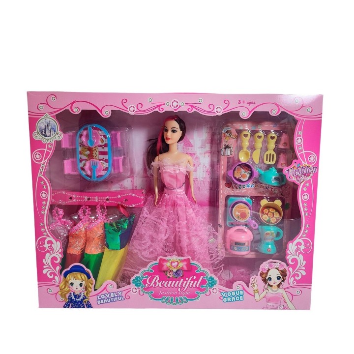 Muñeca Princesa Con Vestidos + Accesorios De Cocina Juguete