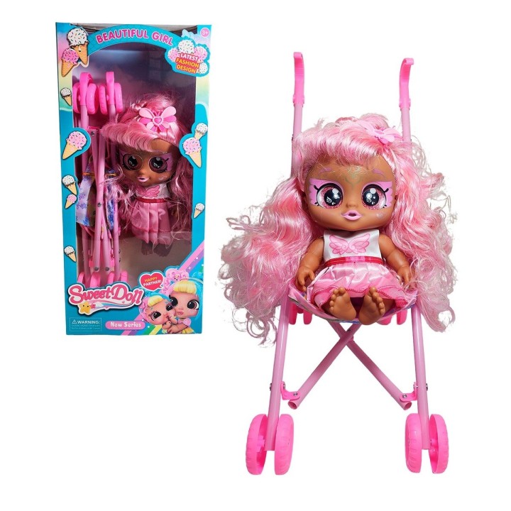 Muñeca Bebe Ojos Expresivos + Coche Juguete Niñas
