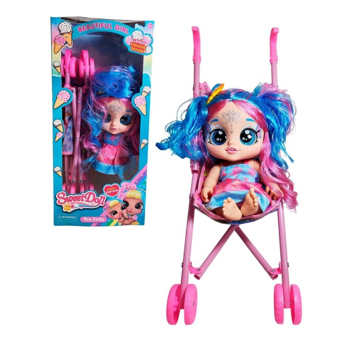 Muñeca Bebe Ojos Expresivos + Coche Juguete Niñas