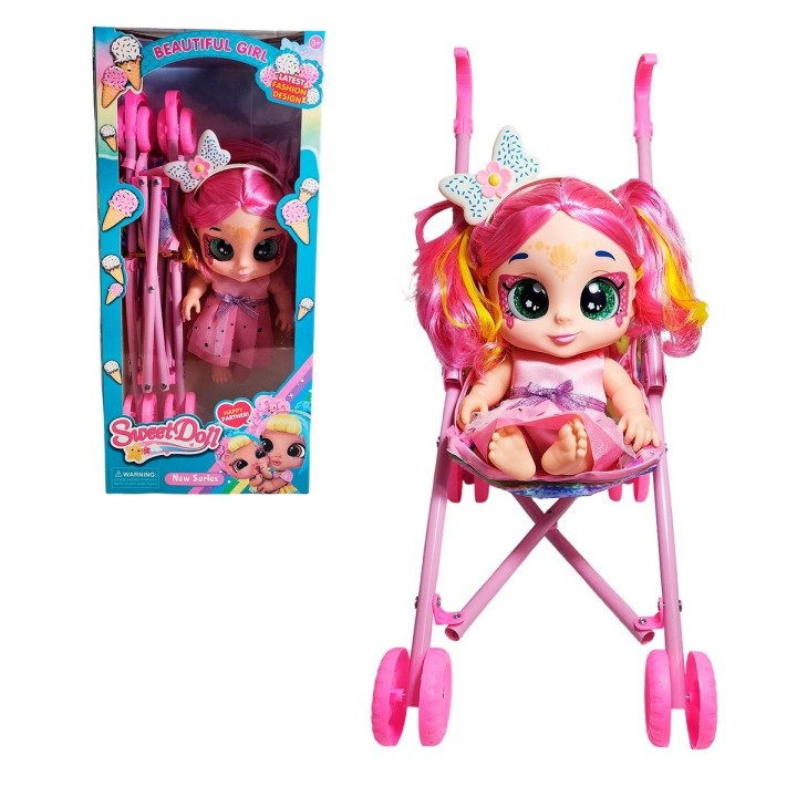 Muñeca Bebe Ojos Expresivos + Coche Juguete Niñas