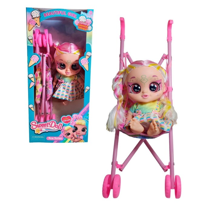 Muñeca Bebe Ojos Expresivos + Coche Juguete Niñas
