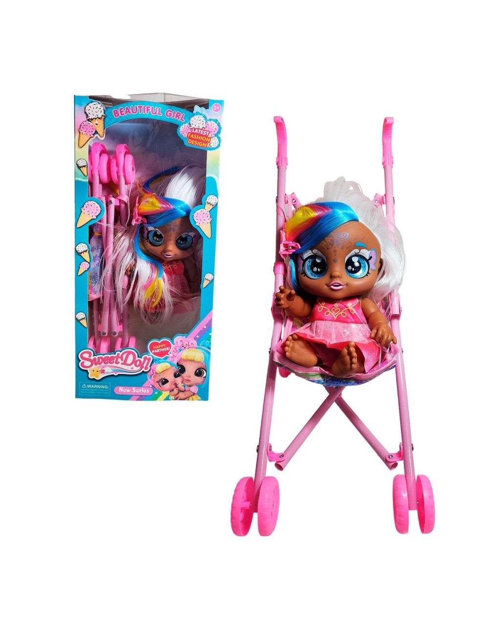 Muñeca Bebe Ojos Expresivos + Coche Juguete Niñas