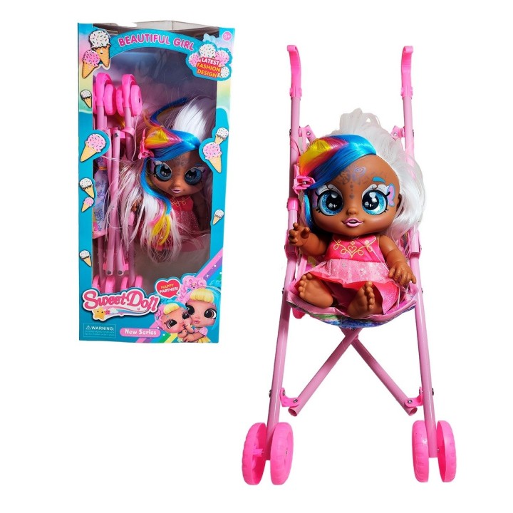 Muñeca Bebe Ojos Expresivos + Coche Juguete Niñas