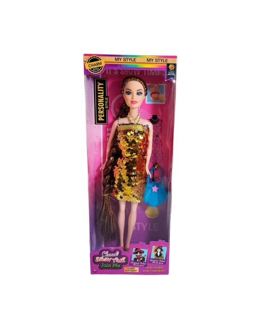 Muñeca Vestido Elegante Lentejuelas + Bolso Juguete Niñas