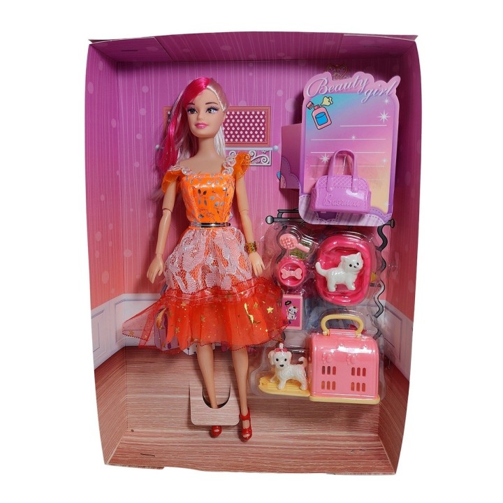 Muñeca Vestido Elegante Con Mascotas Accesorios De Mascotas