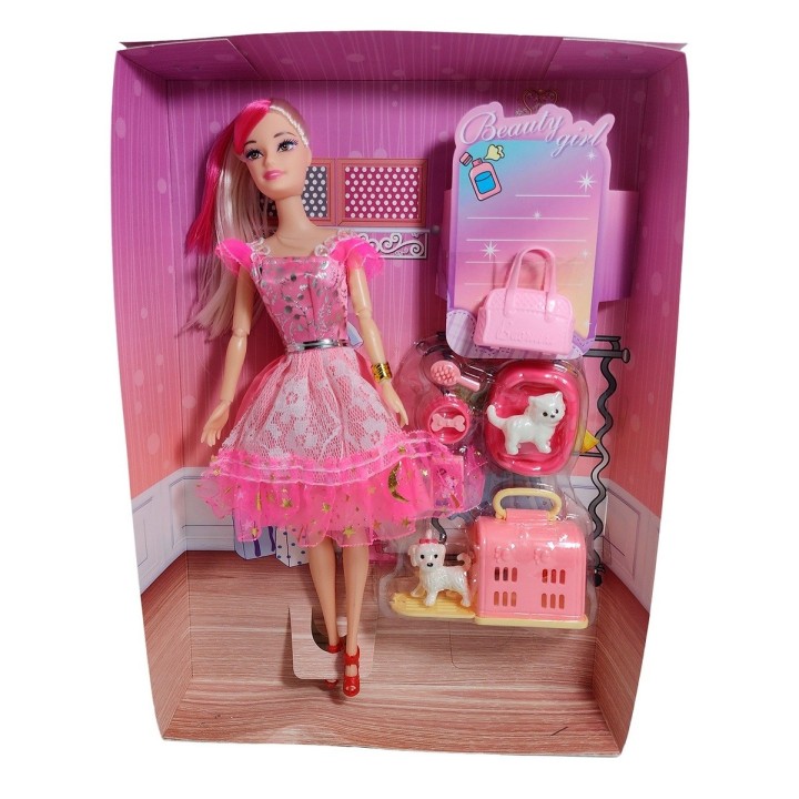 Muñeca Vestido Elegante Con Mascotas Accesorios De Mascotas