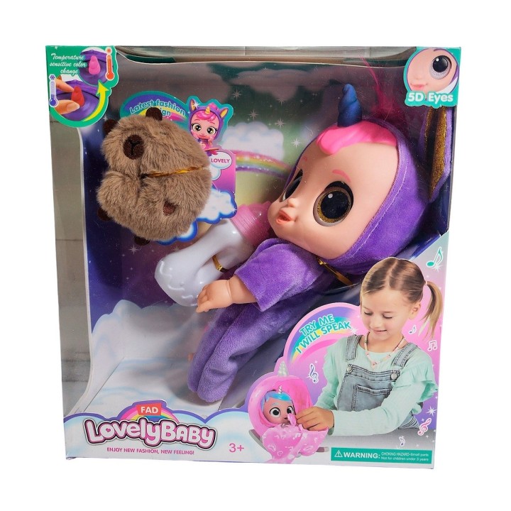 Muñeca Ojos Expresivos Con Tetero + Peluche Capibara Juguete