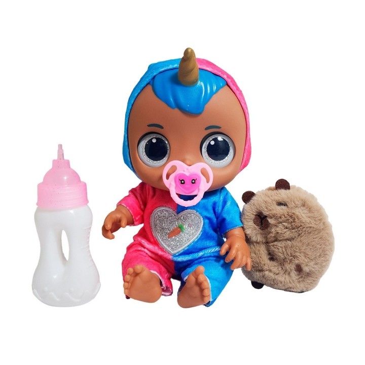 Muñeca Ojos Expresivos Con Tetero + Peluche Capibara Juguete