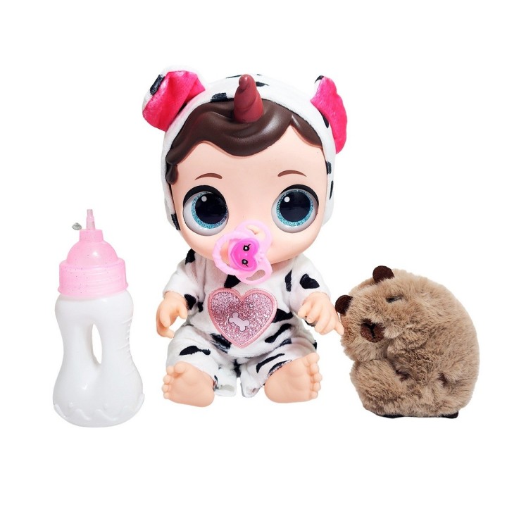 Muñeca Ojos Expresivos Con Tetero + Peluche Capibara Juguete