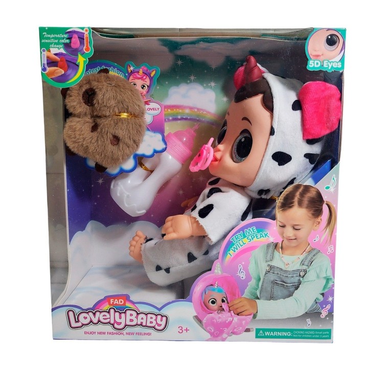 Muñeca Ojos Expresivos Con Tetero + Peluche Capibara Juguete
