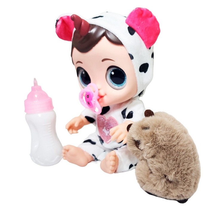 Muñeca Ojos Expresivos Con Tetero + Peluche Capibara Juguete