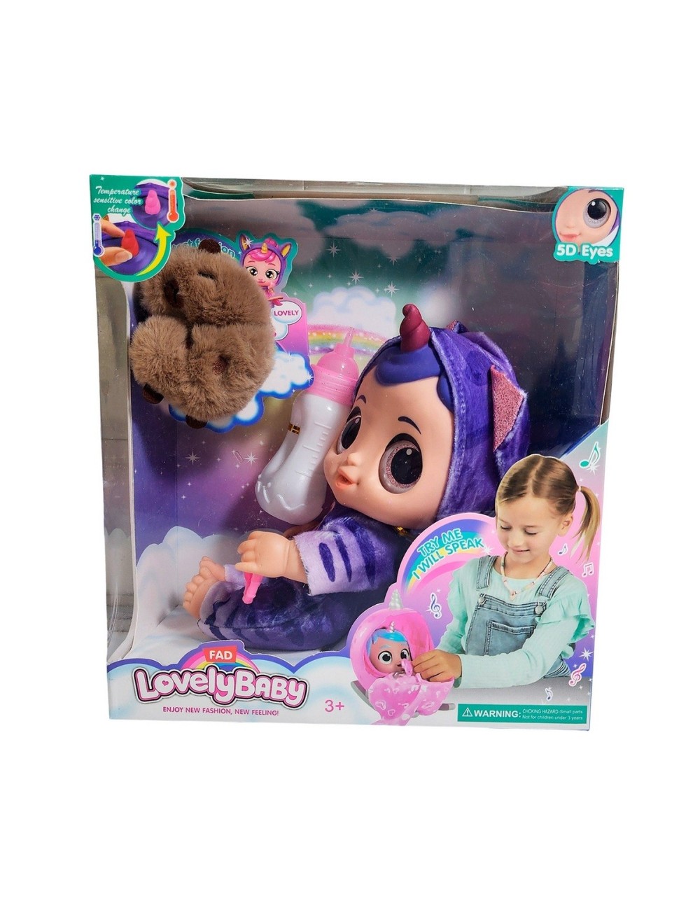 Muñeca Ojos Expresivos Con Tetero + Peluche Capibara Juguete