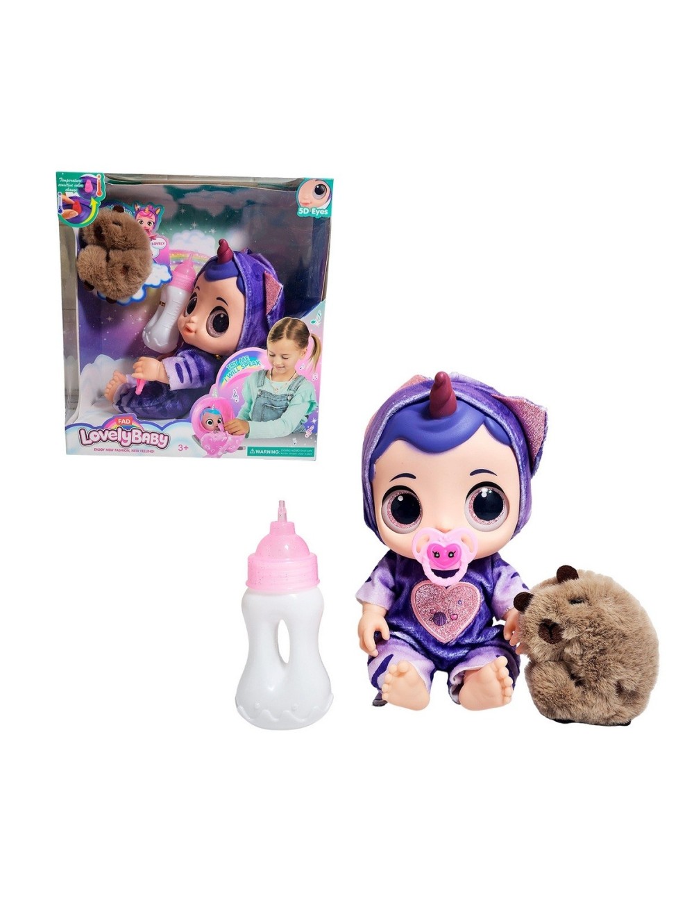 Muñeca Ojos Expresivos Con Tetero + Peluche Capibara Juguete